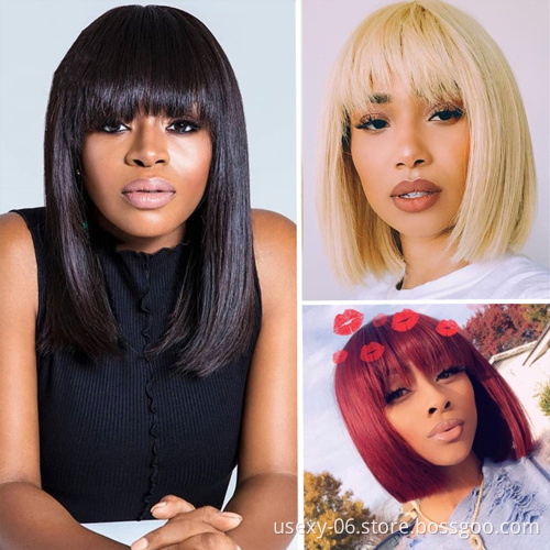 Vendor wholesale short bob Wigs with bangs machine made non lace cuticle aligned virgin brazilian human hair wigs